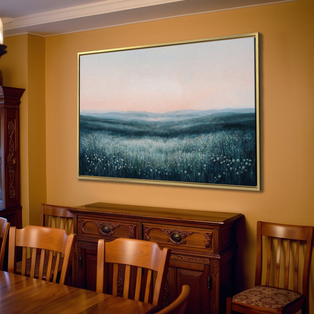 Canvas Print of a serene landscape painting in a modern interior. Soft blues, greens, and pinks create a calming atmosphere.