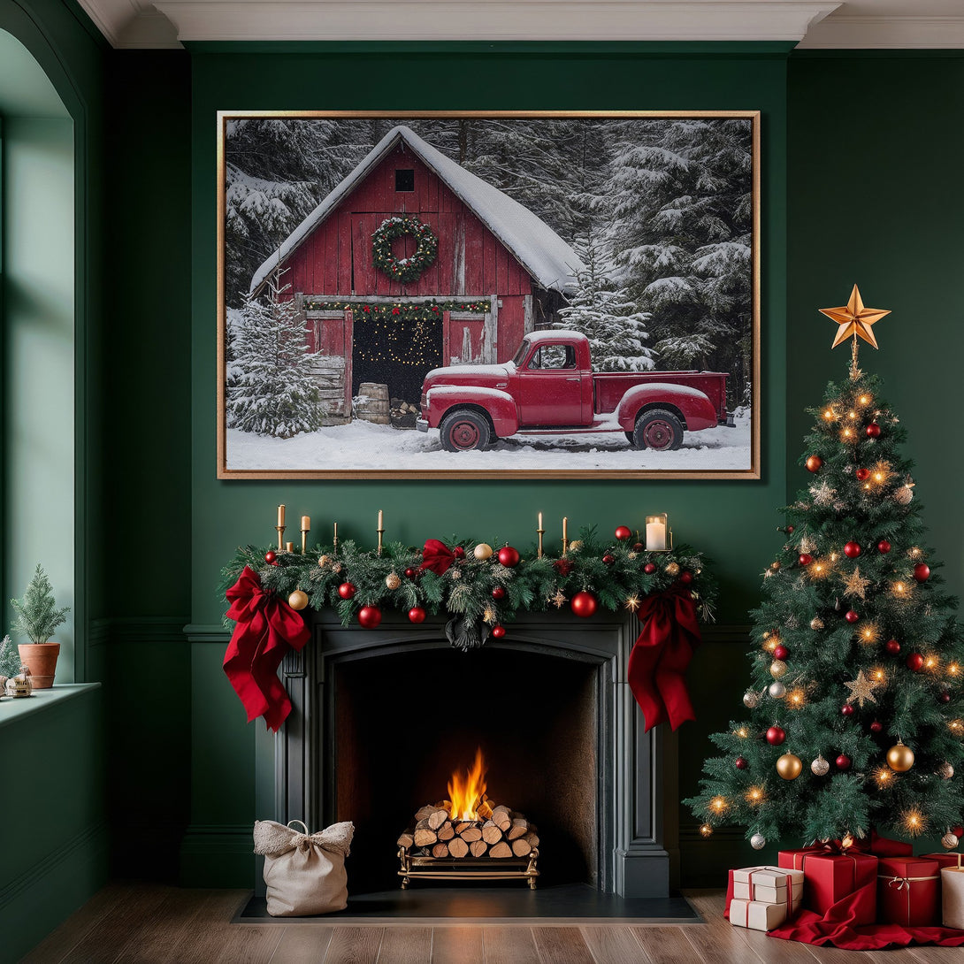 Framed Wall Art: Rustic winter scene with red truck & barn. Cozy holiday decor in a green & red palette. Perfect for adding warmth to your home.