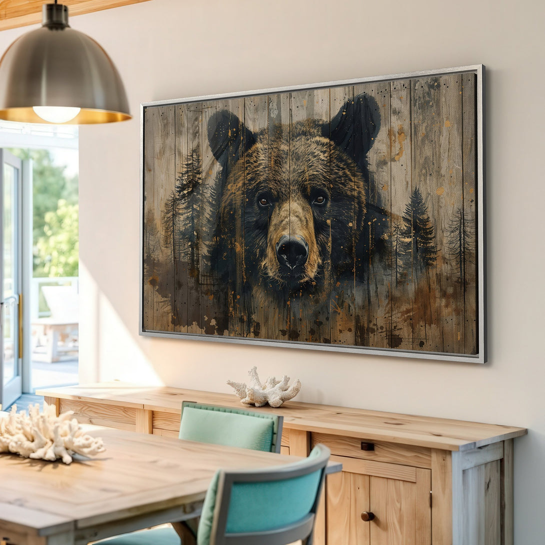 Framed Wall Art featuring a majestic bear in a rustic, watercolor style. Earthy tones of brown, black, and gold create a warm, inviting interior aesthetic.
