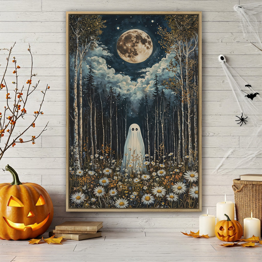 Framed Wall Art: Spooky ghost in whimsical forest scene with full moon. Dark blue, green, and white palette. Perfect Halloween decor!