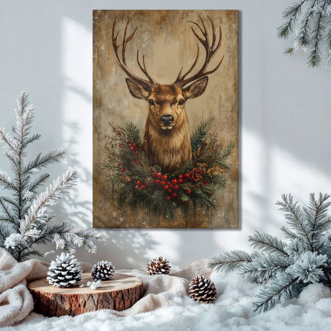 Framed Wall Art featuring a majestic deer in a rustic style, warm earth tones, perfect for holiday decor.