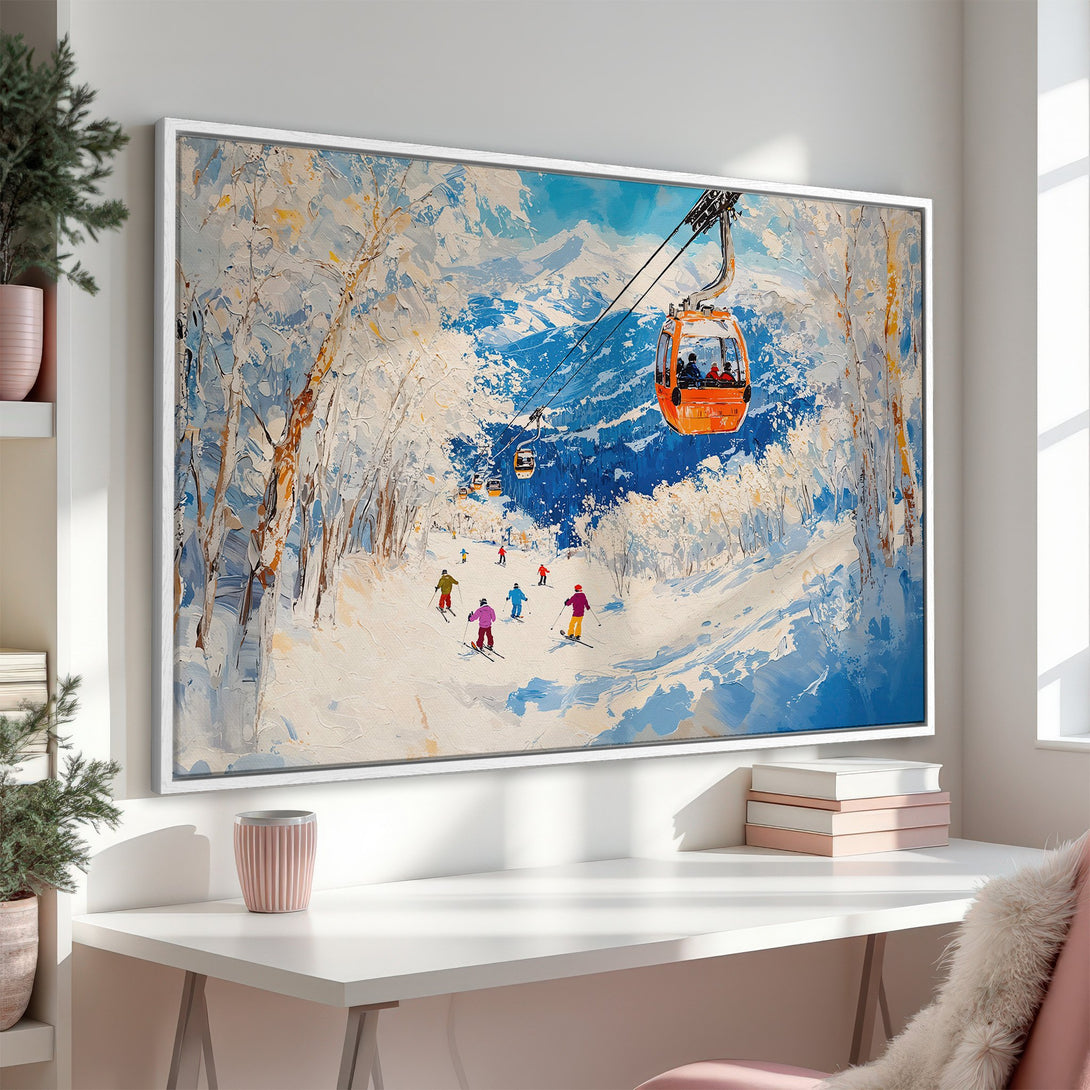 Framed Wall Art: Ski slope scene in a textured, impressionistic style. Blue, white, and orange color palette. Perfect for adding a touch of winter charm.