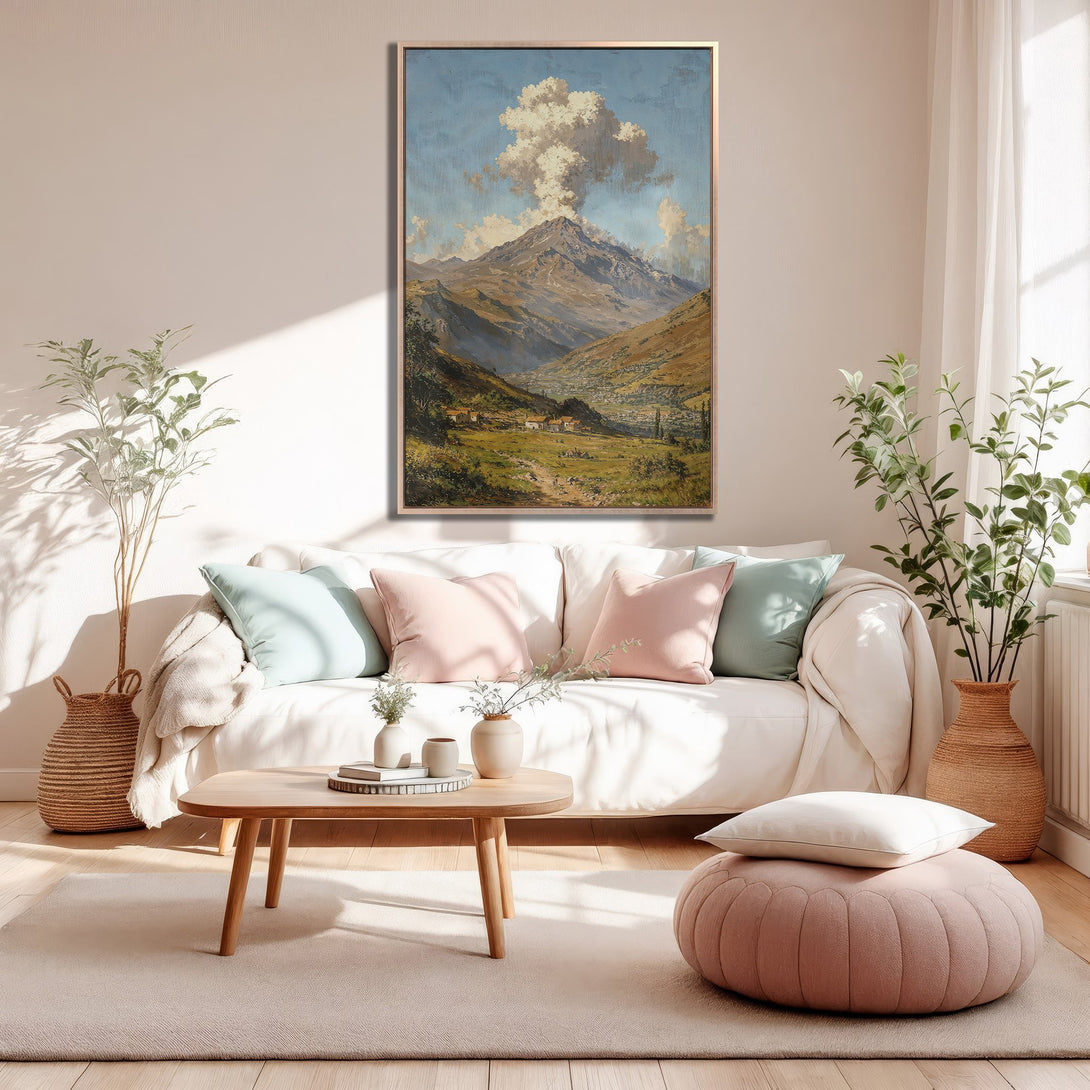 Framed Wall Art: Mountain landscape Canvas Print in a warm, neutral interior. Earthy tones and pastel accents create a cozy, inviting space.
