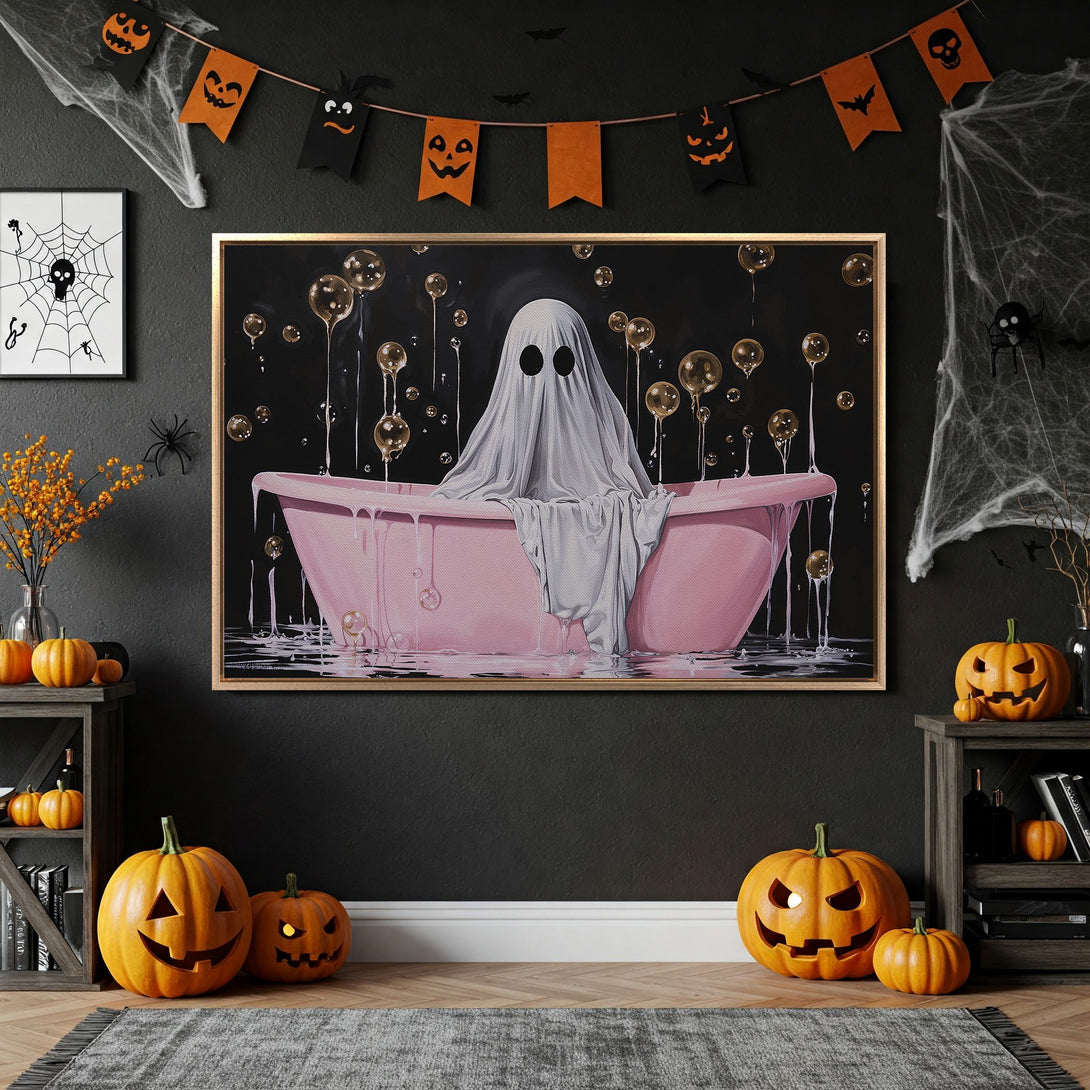 Framed Wall Art: Spooky ghost in a pink bathtub, whimsical style, black, pink, and gold color palette, perfect for Halloween decor.