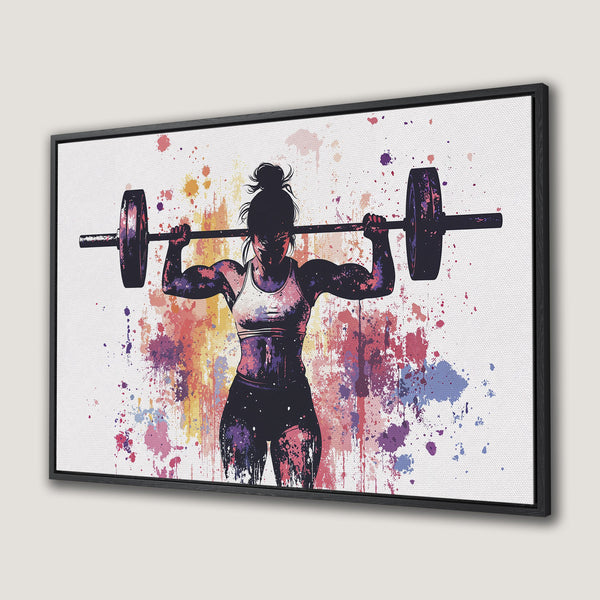 Framed Wall Art: Watercolor style Canvas Print of a woman lifting weights. Vibrant colors of pink, purple, and yellow, perfect for gym or home decor.