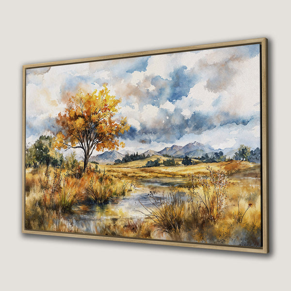 Framed Wall Art: Watercolor landscape Canvas Print of a tree in autumn colors. Earthy tones with blue sky and mountains.