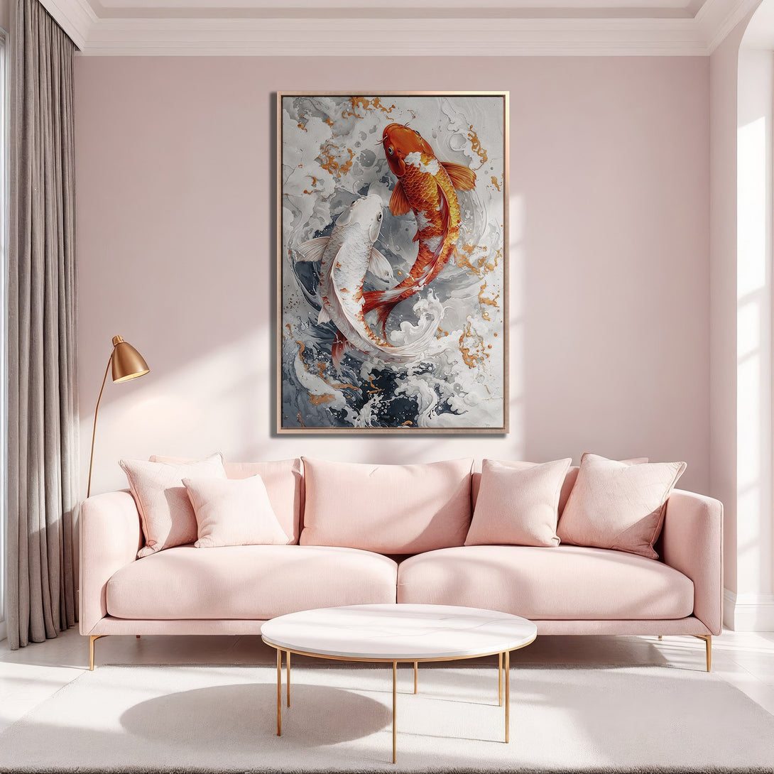 Framed Wall Art of koi fish in shades of orange, white, and gray. Modern art piece with a calming, neutral color palette. Perfect for living room decor.