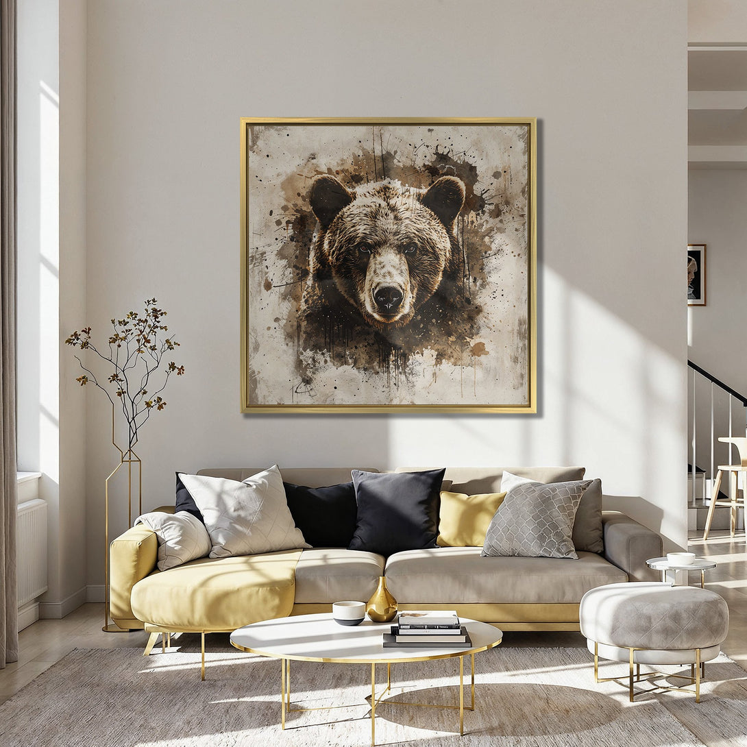 Canvas Print: Grizzly bear art in watercolor style, warm brown and neutral tones. Perfect for rustic decor and adding a touch of nature to your space.