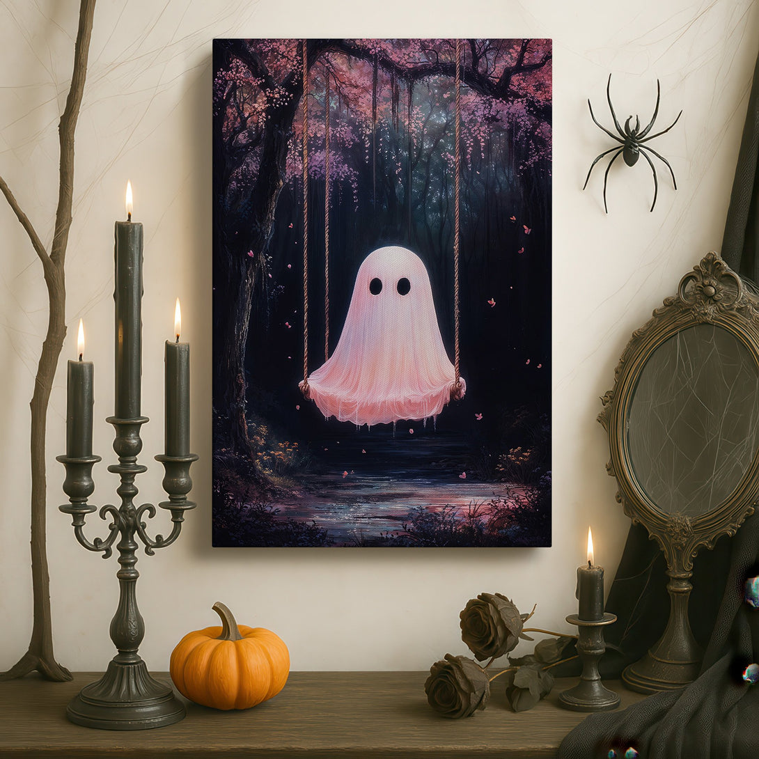 Framed Wall Art: Whimsical ghost on swing in a dreamy forest scene. Soft pink and purple hues create a magical, enchanting aesthetic. Perfect for adding charm!