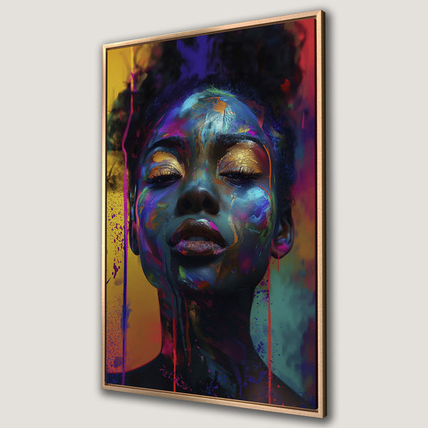 Framed Wall Art of a woman's face with vibrant, colorful paint strokes. Modern art canvas print with a bold, multi-color palette.