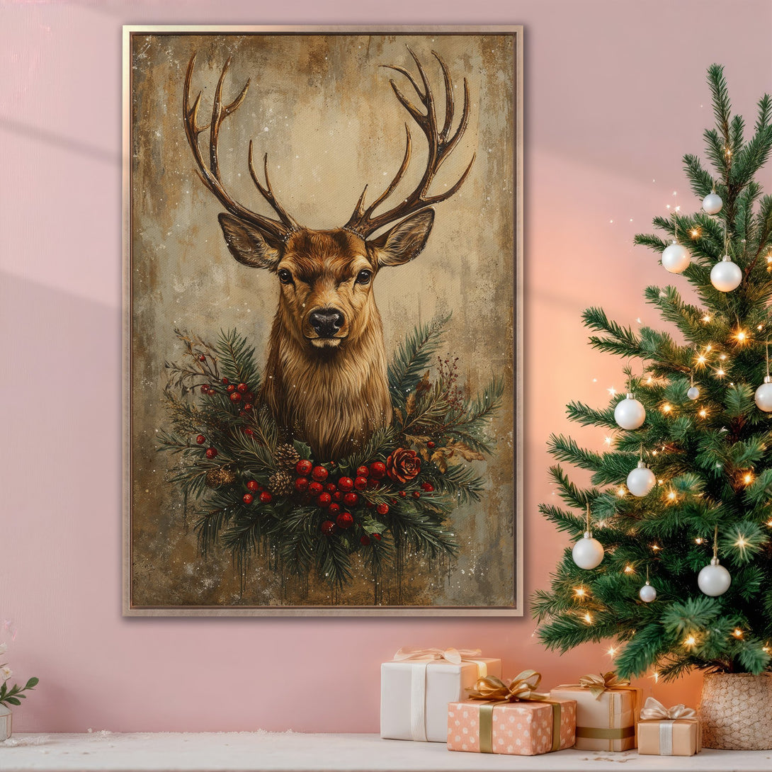 Framed Wall Art featuring a majestic deer portrait in warm, rustic tones. Perfect holiday decor! Shop our Canvas Print collection for unique art.