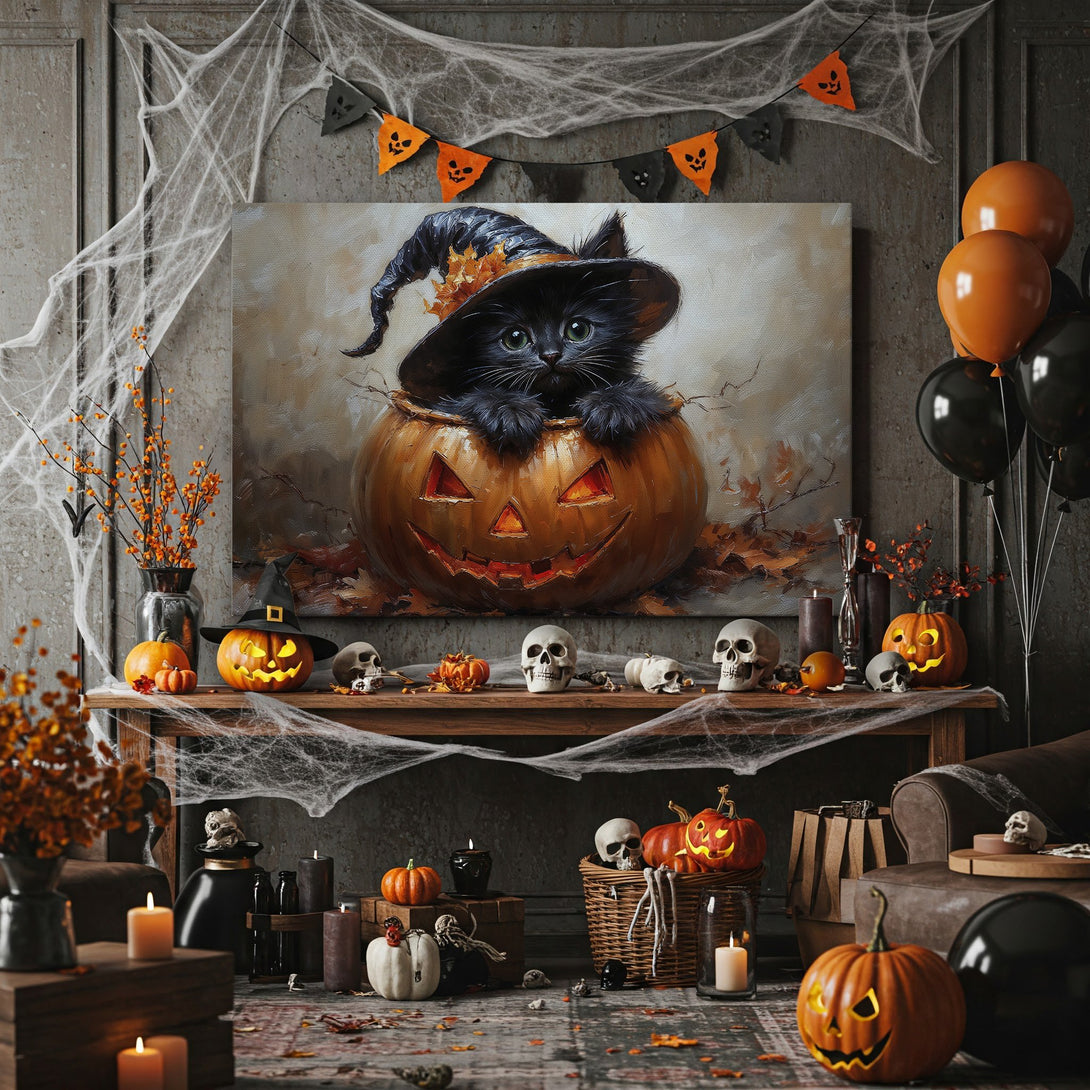 Framed Wall Art: Adorable black cat in a pumpkin witch hat. Halloween-themed artwork with warm orange and brown color palette, perfect for fall decor.
