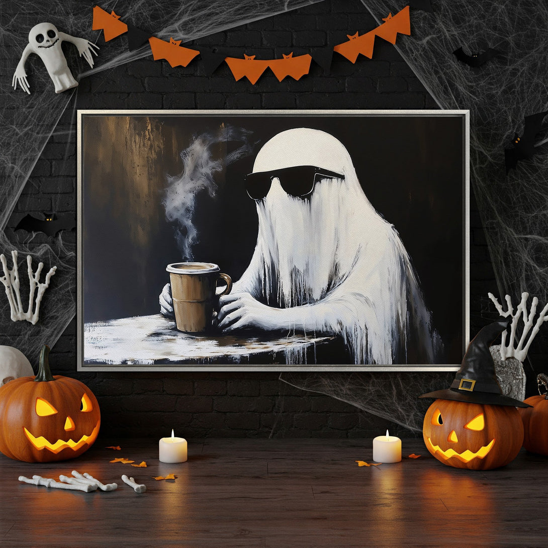 Framed Wall Art: Cool ghost enjoying coffee, modern art style, black & white with coffee tones. Perfect Halloween decor!