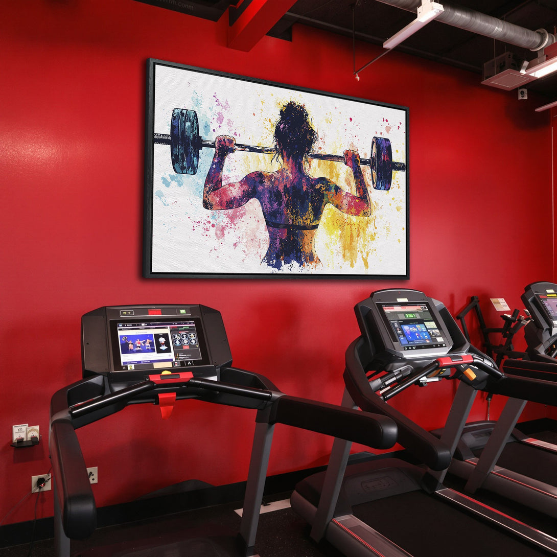 Framed Wall Art: Watercolor painting of a woman lifting weights in a gym. Vibrant colors on canvas print, perfect for fitness enthusiasts.