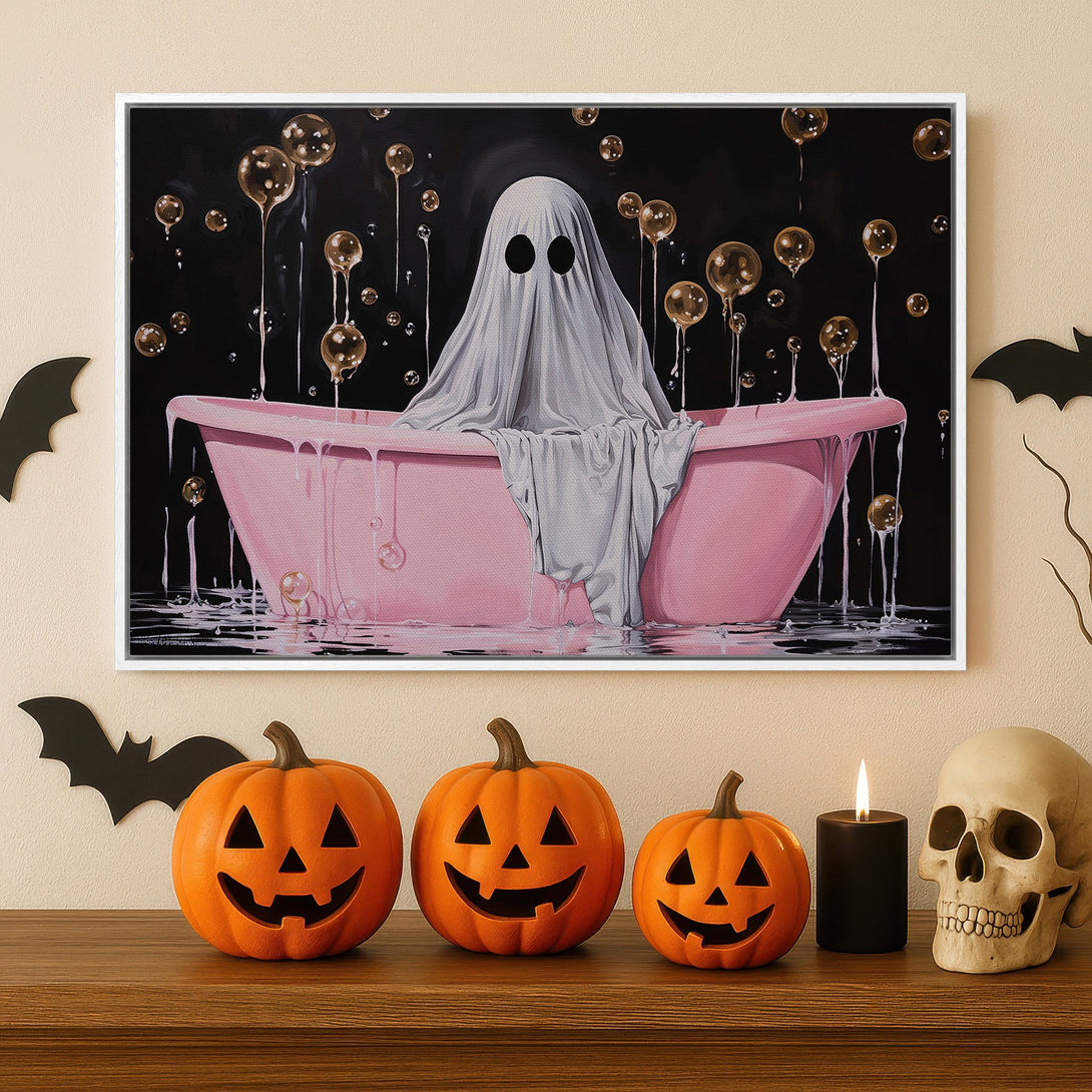 Framed Wall Art: Whimsical Halloween ghost in a pink bathtub. Modern art with a black, pink, and gold color palette. Perfect for spooky decor.