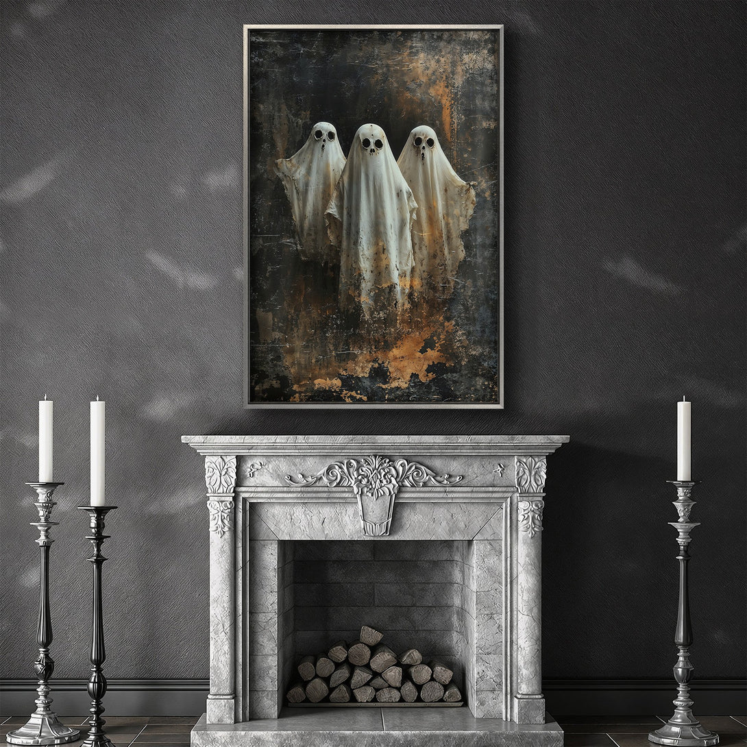 Framed Wall Art: Spooky ghost painting in a dark, moody interior. Features a vintage style with a black, white, and gold color palette. Perfect Halloween decor!