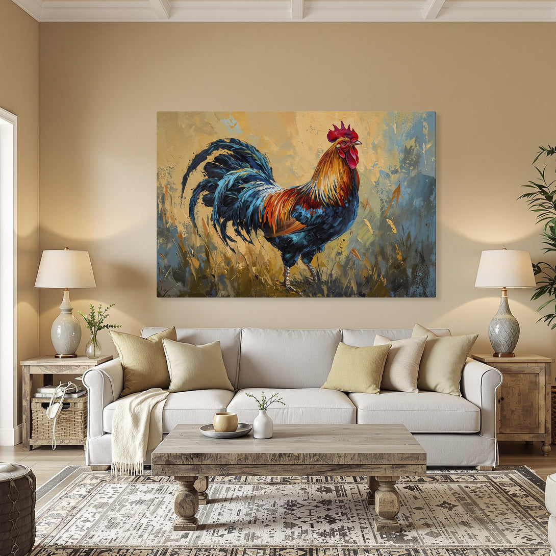 Framed Wall Art: Vibrant rooster painting in a modern, impressionistic style with a warm, earthy and blue color palette. Perfect for your dining room!