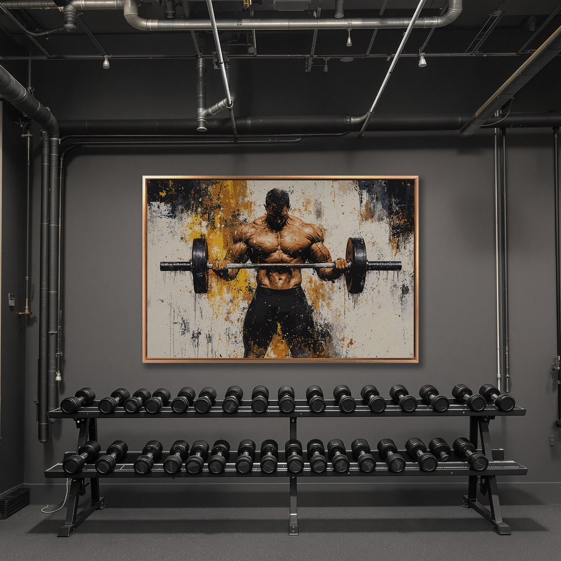 Framed Wall Art of a bodybuilder lifting weights in a gym. Abstract style with a black, gold, and white color palette. Perfect for fitness enthusiasts!