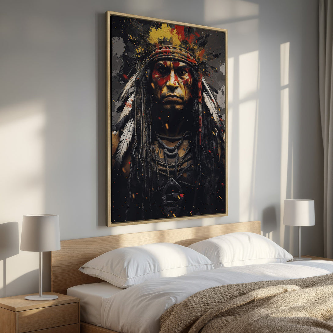 Framed Wall Art of Native American portrait in a modern, abstract style. Dramatic color palette of black, red, and gold. Perfect bedroom decor.