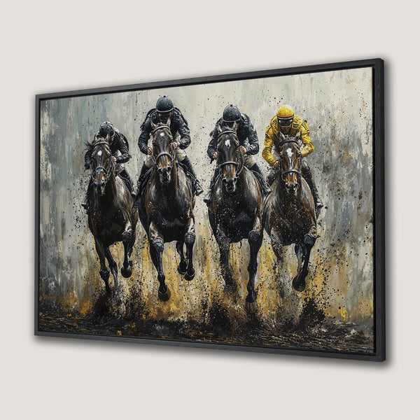 Framed Wall Art: Dynamic horse racing scene in a modern, abstract style. Featuring a dramatic palette of grey, black, and gold. Perfect for home decor.