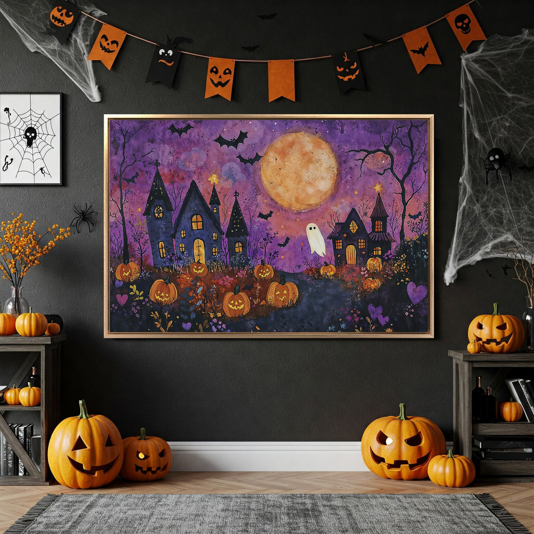Framed Wall Art: Watercolor Halloween scene with spooky houses, pumpkins, and a full moon. Purple, orange, and black color palette. Perfect for Halloween decor!