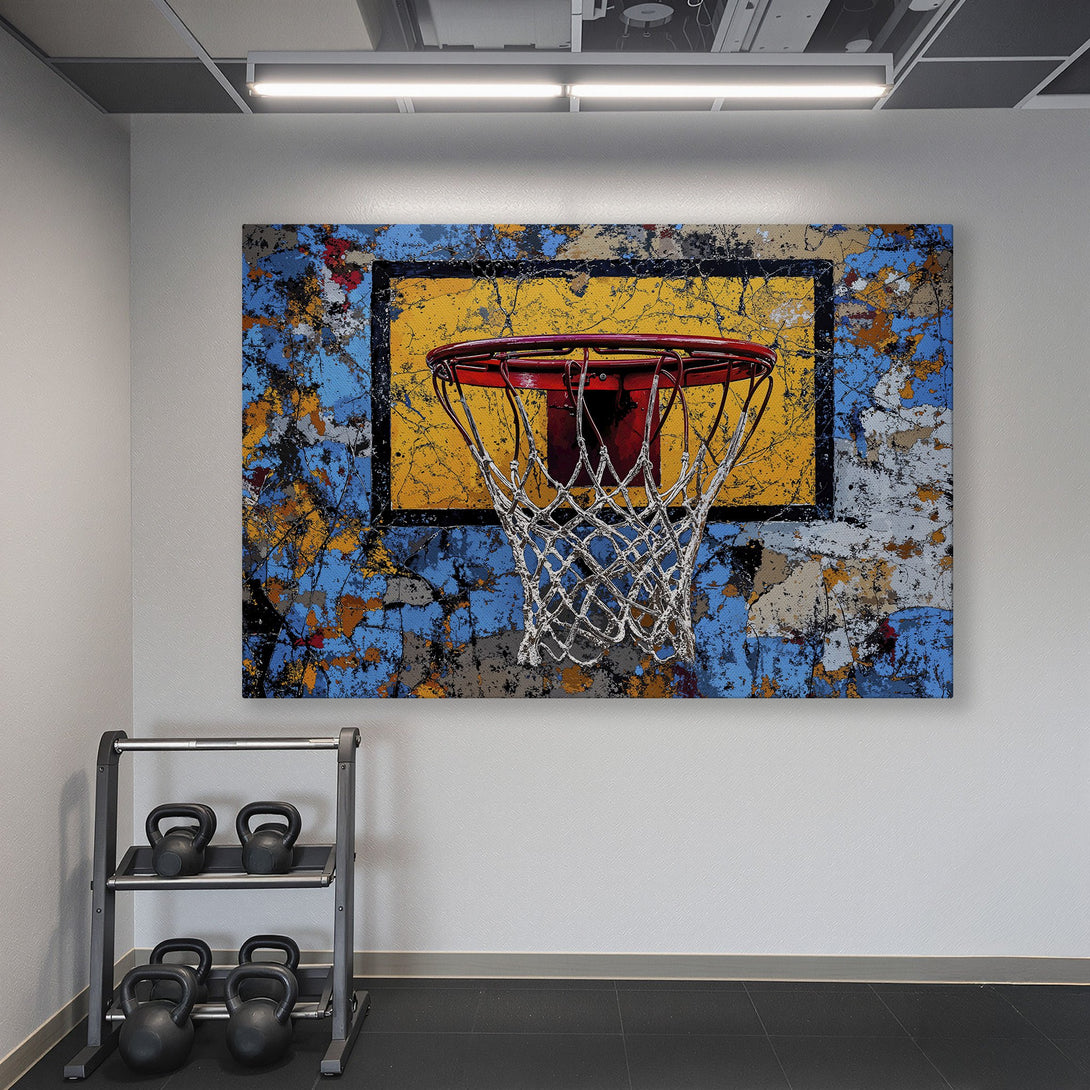 Framed Wall Art: Abstract basketball hoop in a gym. Bold colors of blue, yellow, and red. Elevate your space with this unique canvas print!