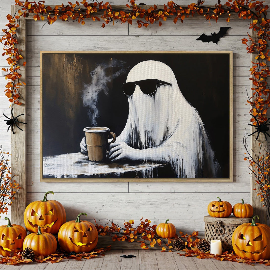Framed Wall Art: Cool ghost enjoying coffee. Modern, minimalist art in black, white, and brown. Perfect Halloween decor for your home!
