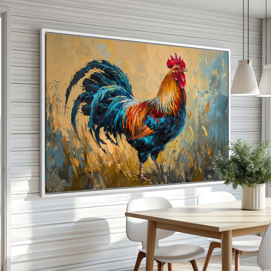Framed Wall Art: Colorful rooster painting in vibrant blues, oranges, and yellows. Modern farmhouse style canvas print adds a pop of art to any room.