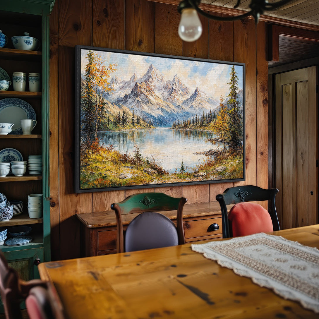 Framed Wall Art: Mountain landscape painting in warm autumn tones. Adds rustic charm to any space. Shop our Canvas Print collection today!