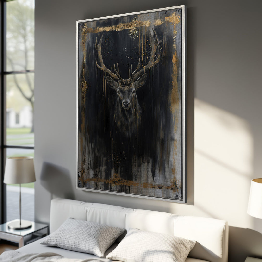 Framed Wall Art featuring a majestic deer in a modern, abstract style. Dark, moody color palette with gold accents. Perfect for bedroom decor.