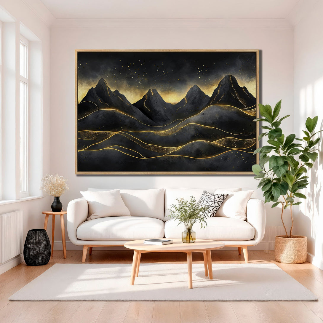 Framed Wall Art featuring an abstract mountain landscape in black and gold, adding a touch of luxury to any modern interior.