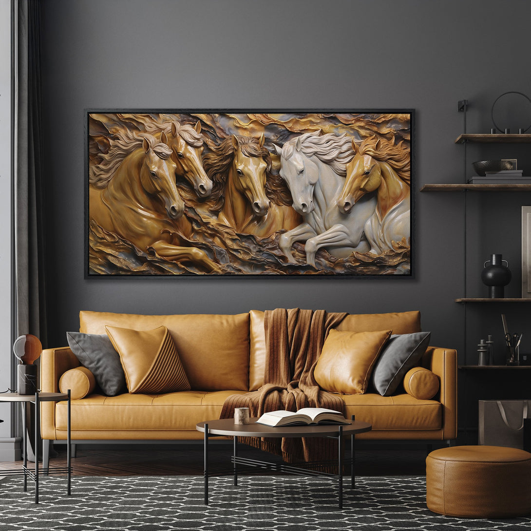 Framed Wall Art: Stunning horse relief sculpture in warm brown tones. Adds elegance to any living room. Perfect for modern & rustic decor.