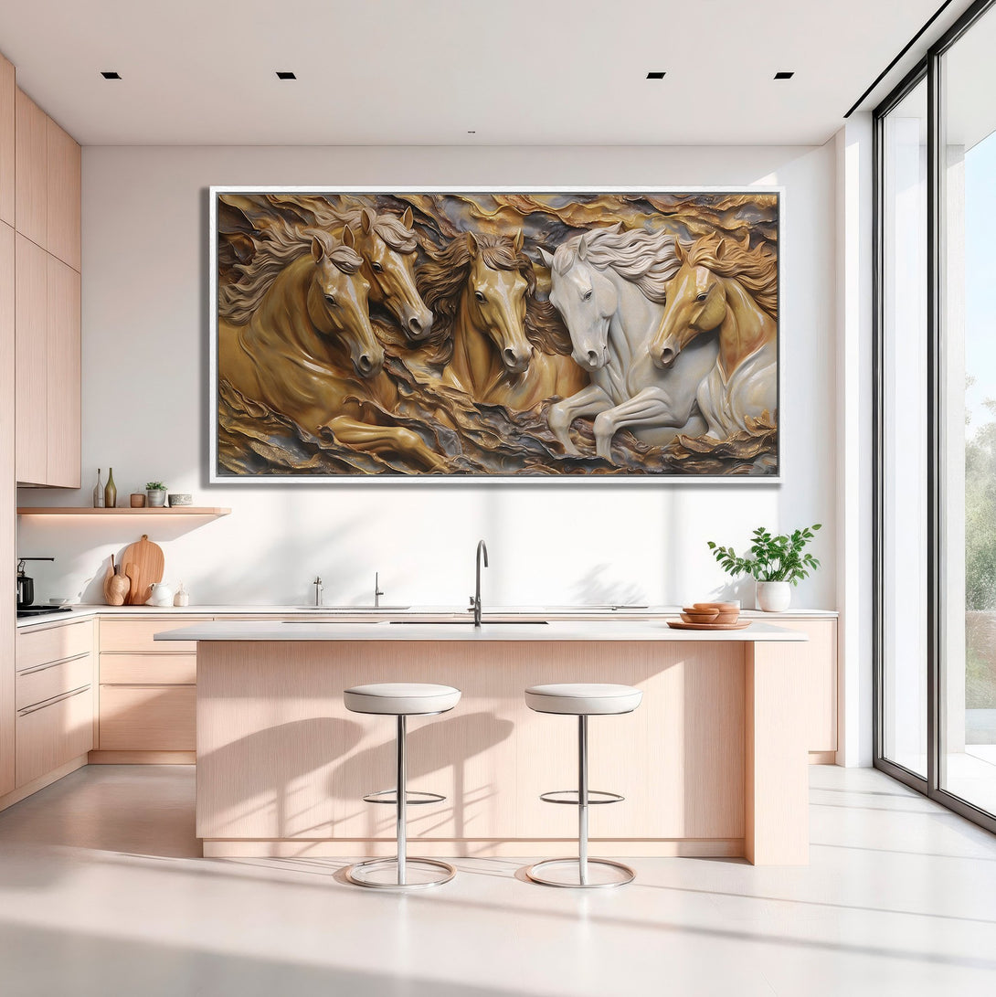 Framed Wall Art: Stunning 3D horse sculpture in warm gold and white tones. Perfect for adding elegance to your kitchen or living room. Shop now!