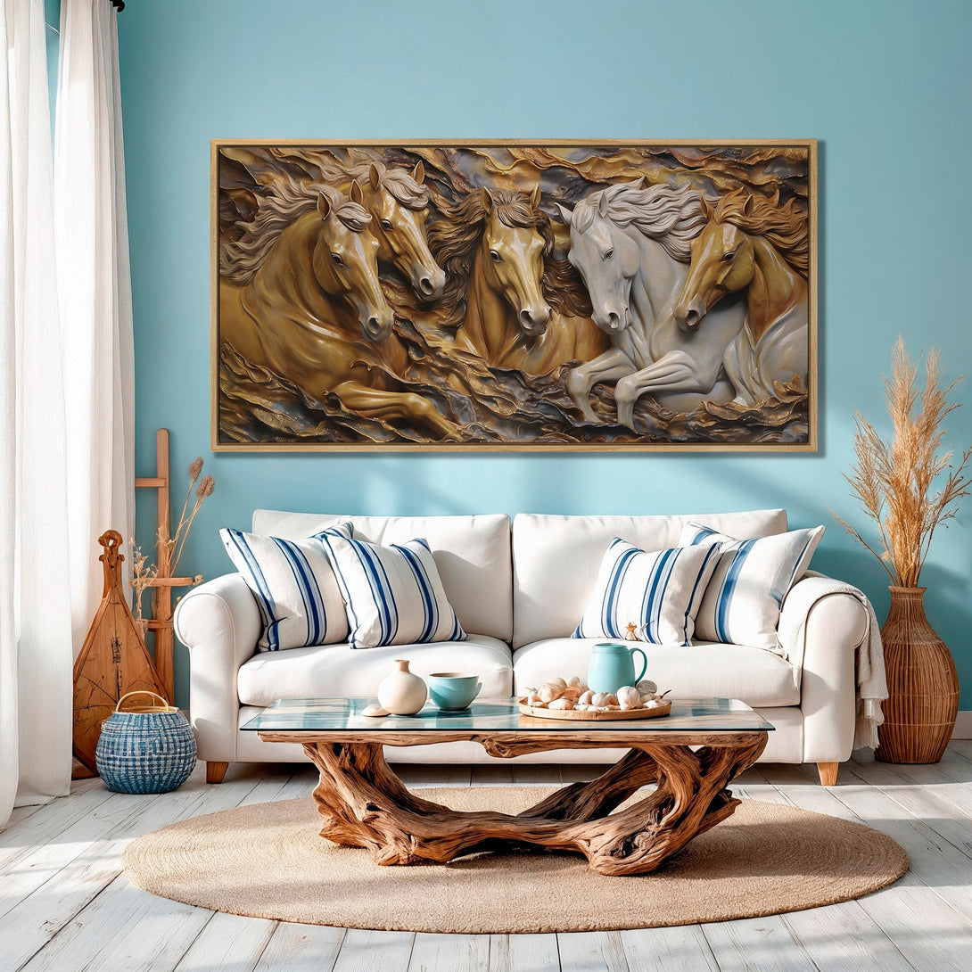 Framed Wall Art: Majestic horse relief in warm tones. Coastal living room decor with blue and neutral color palette. Elevate your space!