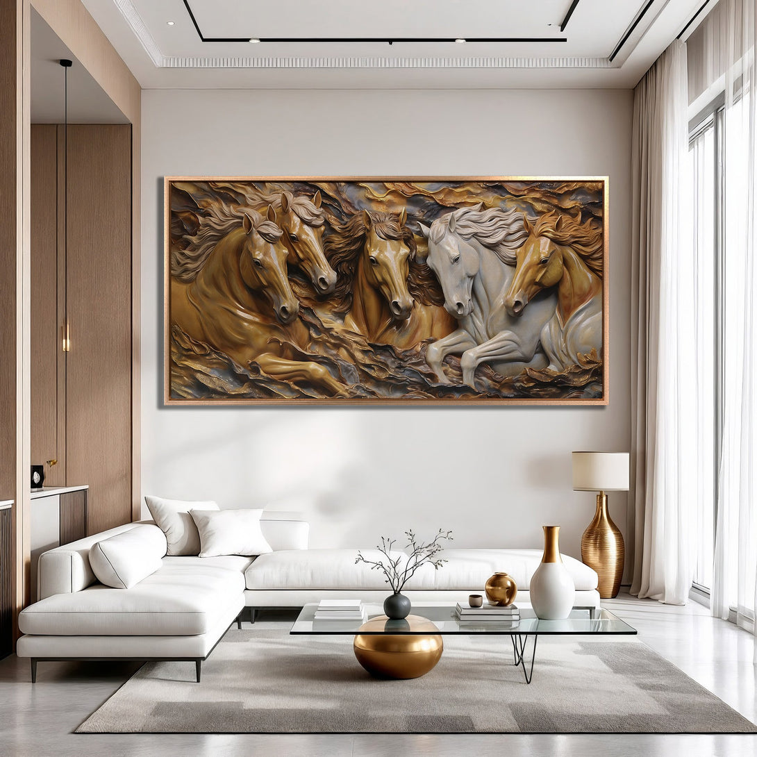 Framed Wall Art: Stunning horse relief sculpture in warm gold tones. Perfect for adding a touch of luxury to any living space. Shop now!