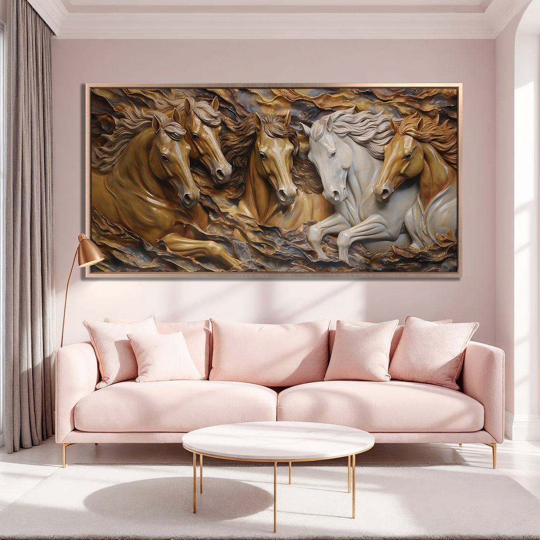 Framed Wall Art: Stunning horse sculpture in warm tones. Adds elegance to any space. Perfect for living rooms. Featuring a beautiful color palette.