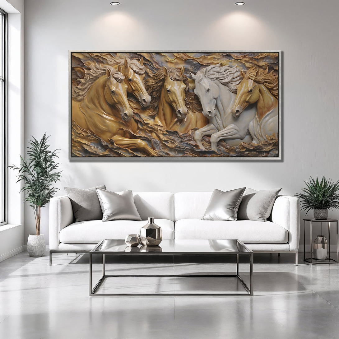 Framed Wall Art: Stunning relief sculpture of horses in warm gold and white tones. Modern art for a stylish living room.