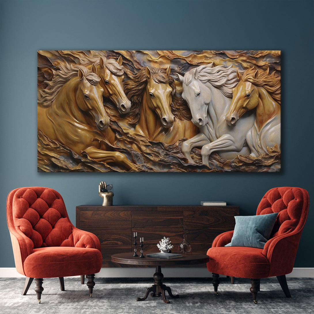 Framed Wall Art: Stunning 3D horse sculpture in warm gold and cream tones. Elevate your space with this elegant, modern canvas print.