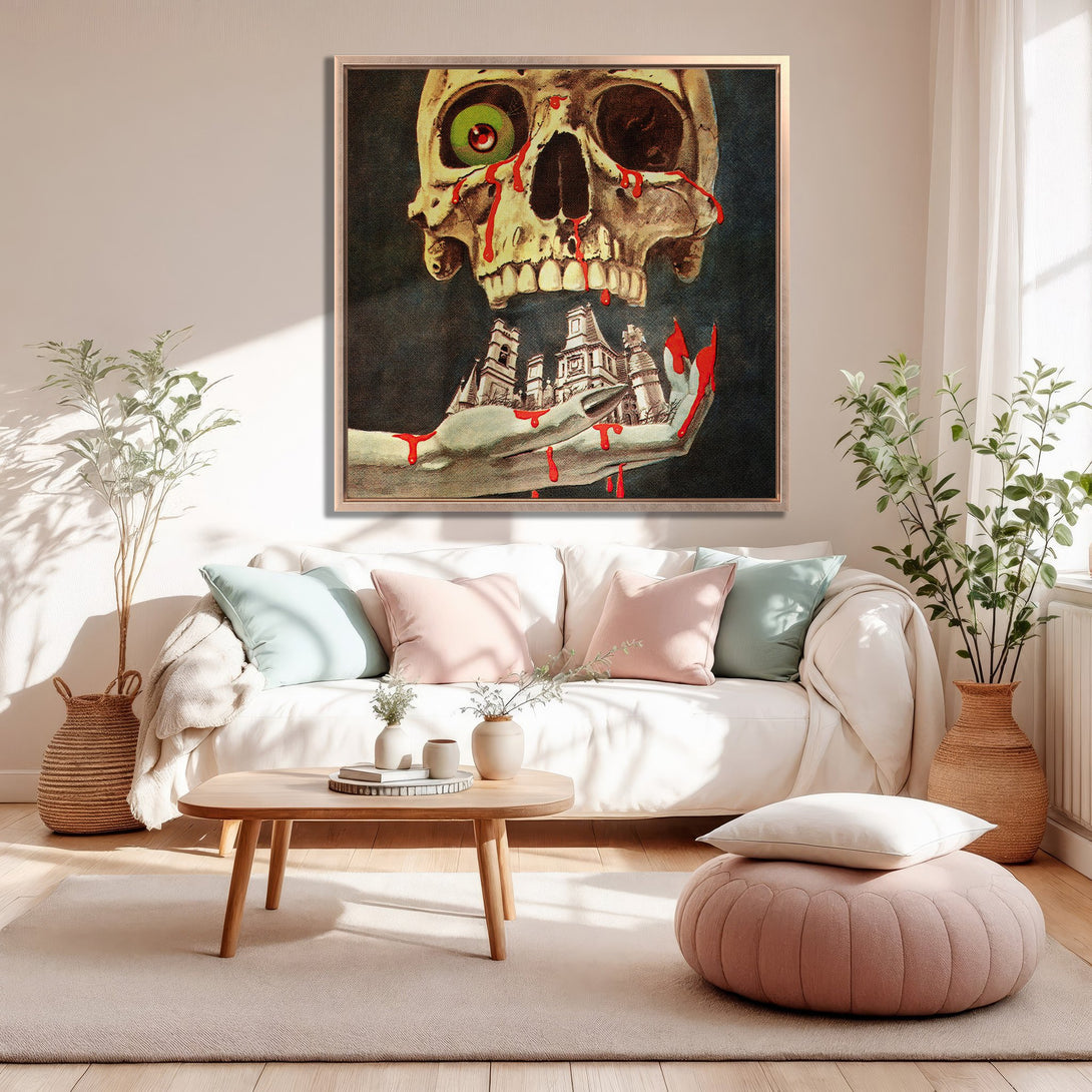 Framed Wall Art featuring a surreal skull illustration with a dark, vintage aesthetic. Earthy tones with pops of red create a unique and eye-catching focal point.