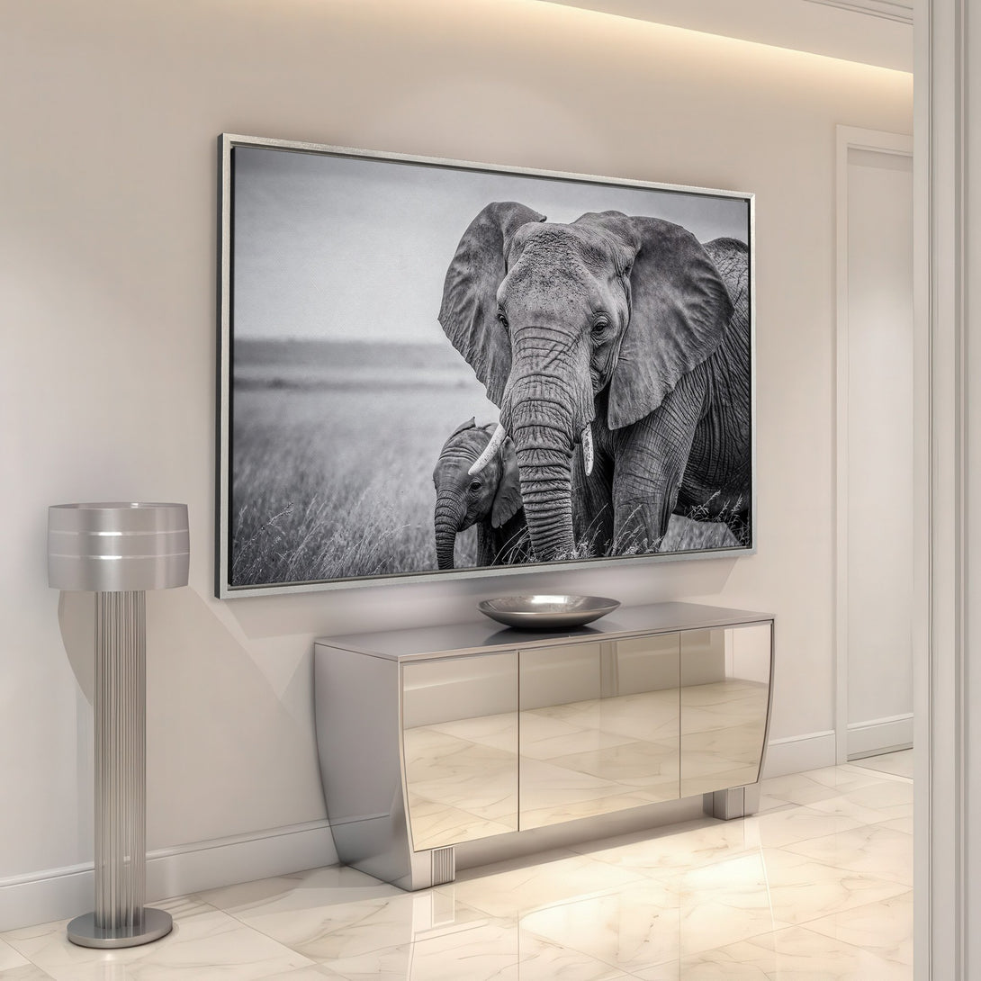 Framed Wall Art featuring a stunning black and white elephant family portrait. Modern decor inspiration for your home.