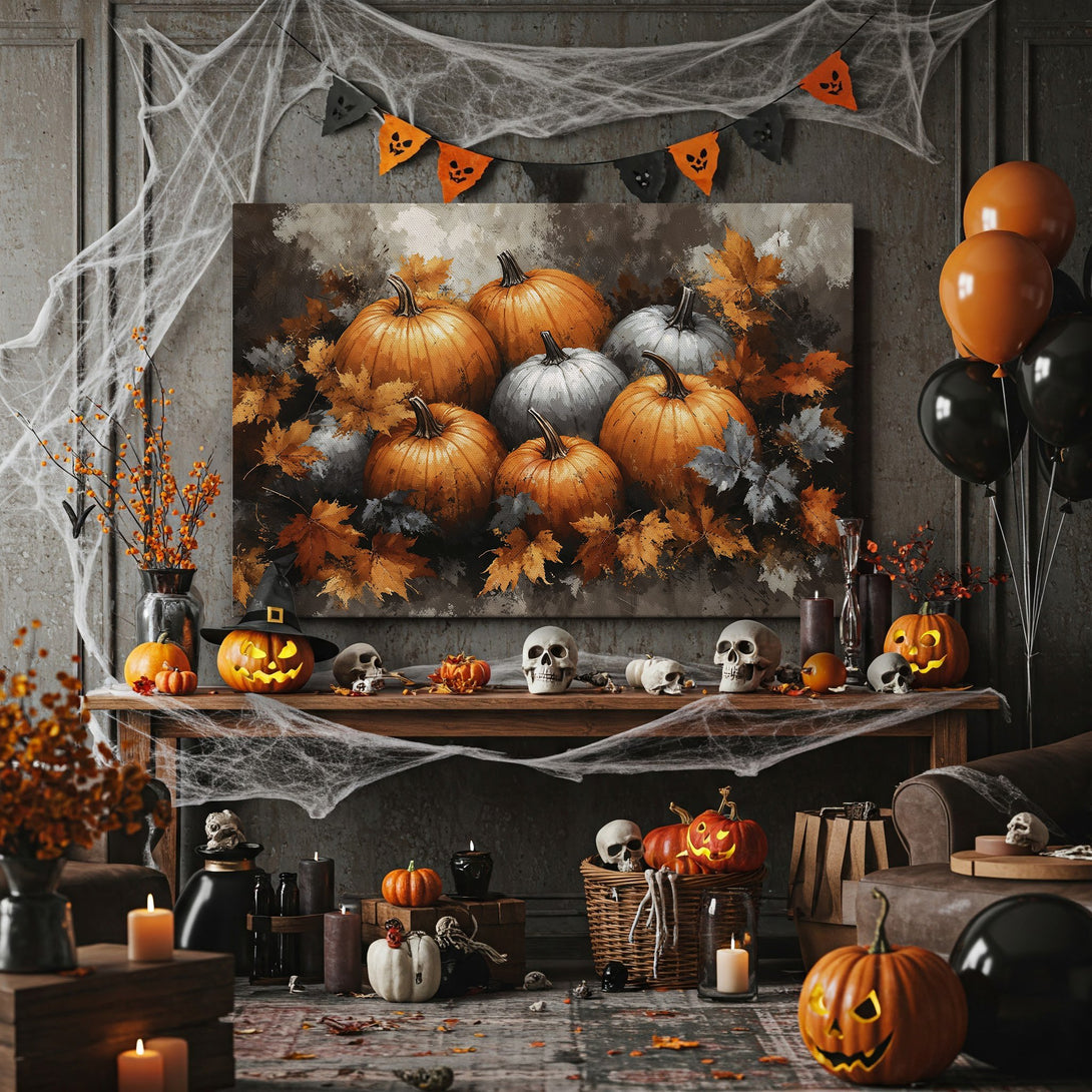 Framed Wall Art featuring pumpkins & fall leaves in warm orange & gray tones. Perfect Halloween decor! Add a touch of autumn charm to your home.