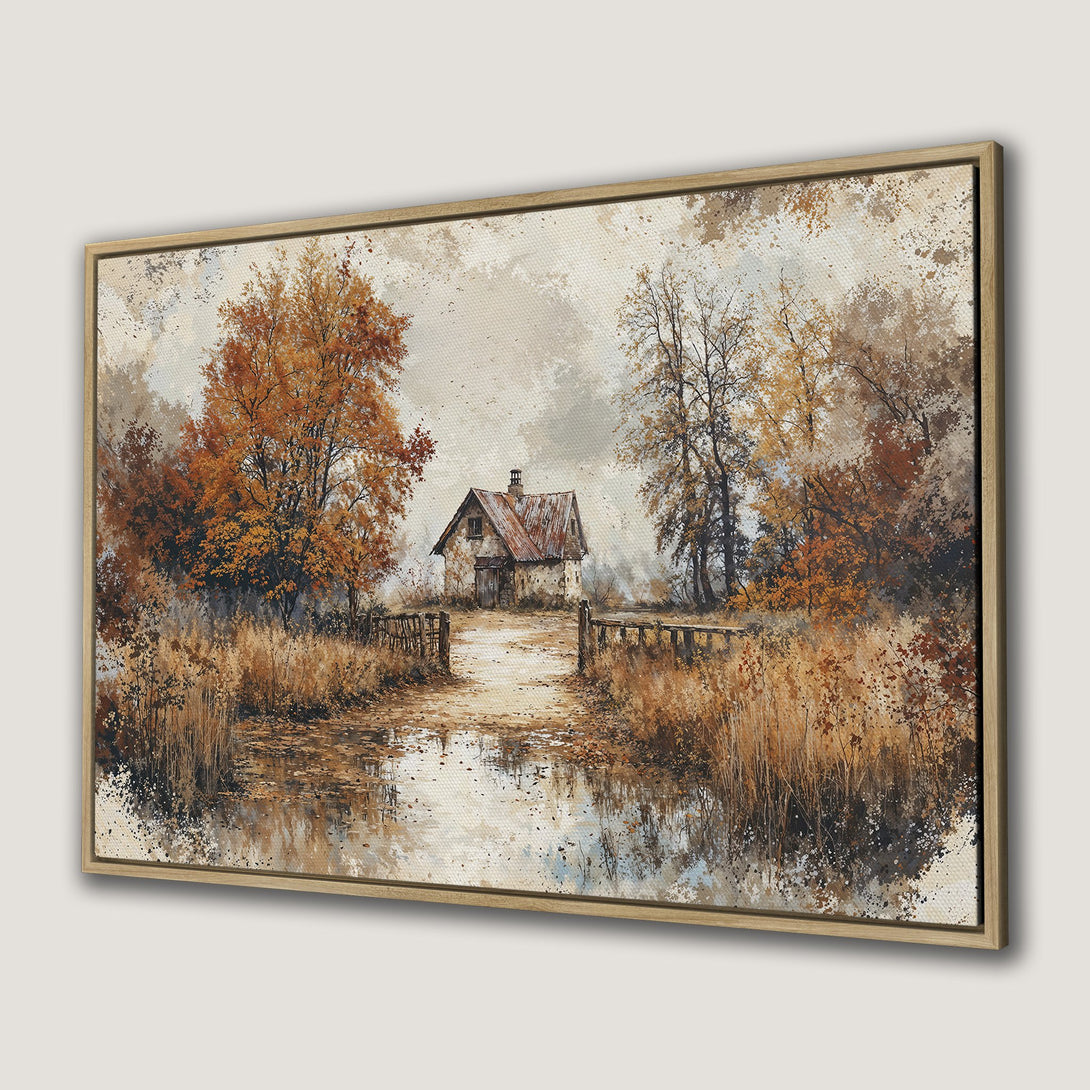 Framed Wall Art: Autumn landscape Canvas Print featuring a rustic cabin, warm orange and brown tones, perfect for cozy home decor.