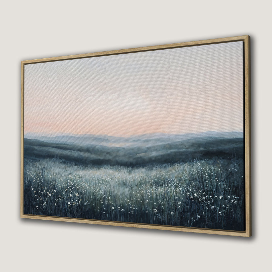 Framed Wall Art: Serene landscape Canvas Print featuring a meadow in muted blues, greens, and pinks. Add tranquility to your home decor!