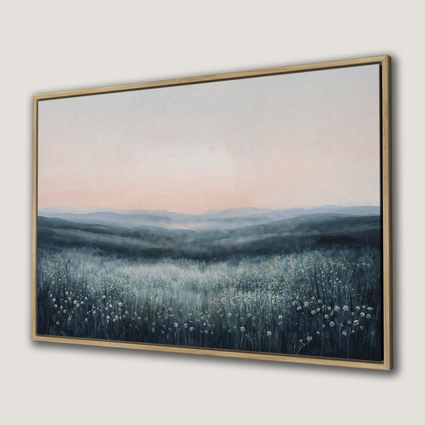 Framed Wall Art: Serene landscape Canvas Print featuring a meadow in muted blues, greens, and pinks. Add tranquility to your home decor!