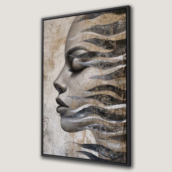Framed Wall Art featuring a woman's profile in an abstract style. Neutral color palette with beige, black, and gray tones. Perfect for modern home decor.