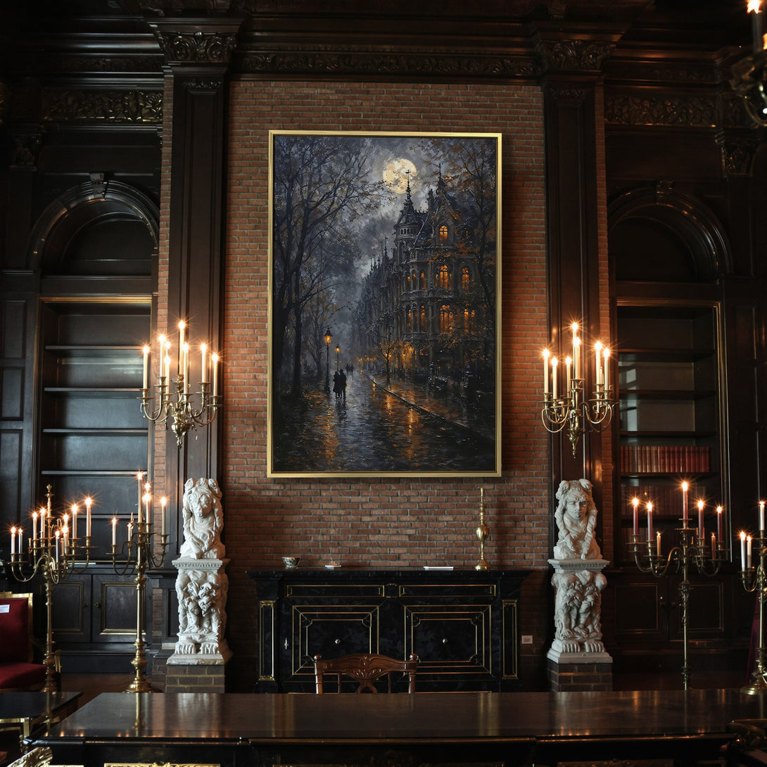 Canvas Print featuring a moody, atmospheric cityscape painting in a dark, autumnal color palette. Perfect for Halloween decor!