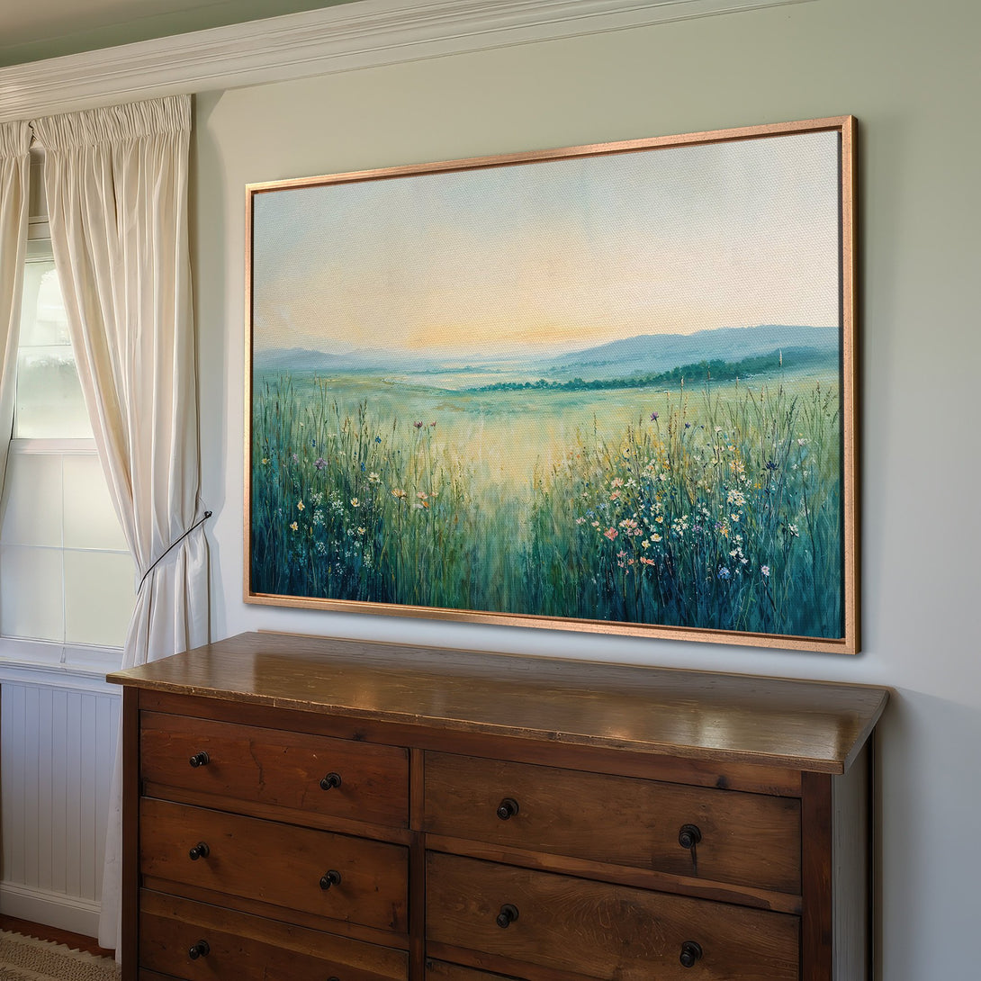 Framed Wall Art: Serene landscape Canvas Print with a meadow scene, featuring a calming blue, green, and yellow color palette. Perfect for adding a touch of nature.