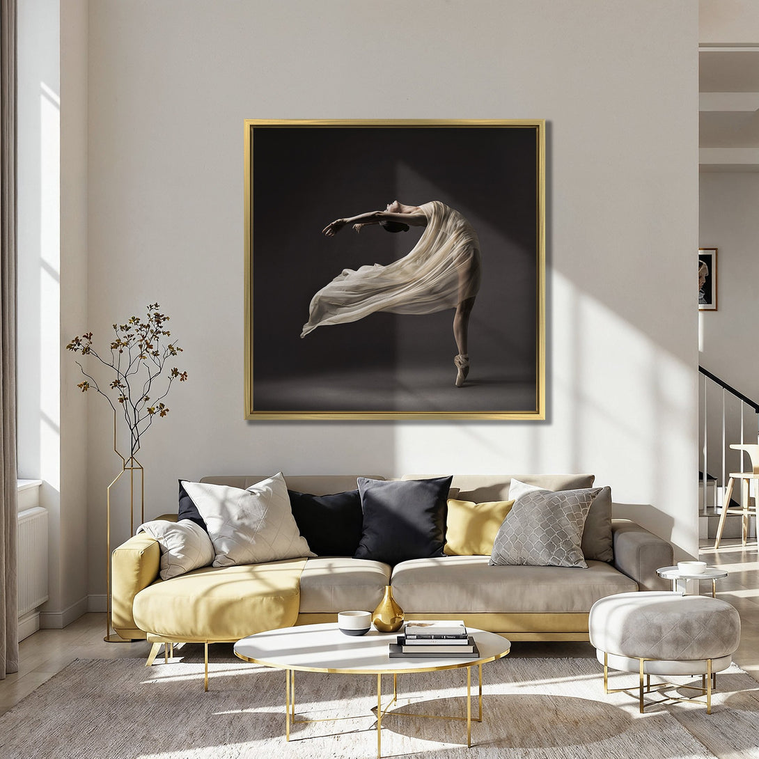 Canvas Print of a ballerina in flowing fabric, displayed in a stylish interior. Features muted neutral tones and a dramatic pose.