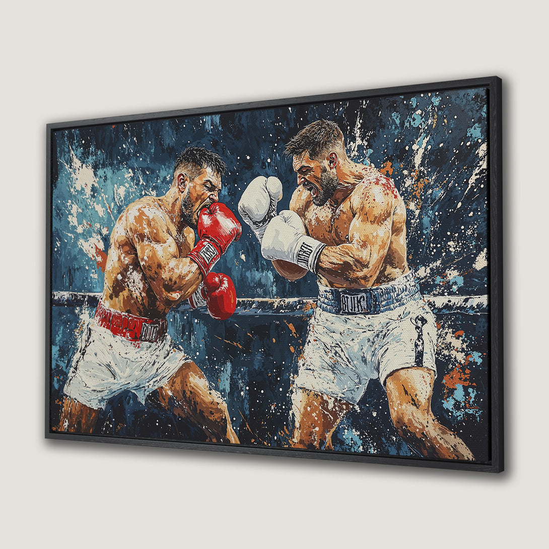 Framed Wall Art featuring a dynamic boxing match, expressive abstract style with blue, white, and orange splashes. Perfect for modern decor.