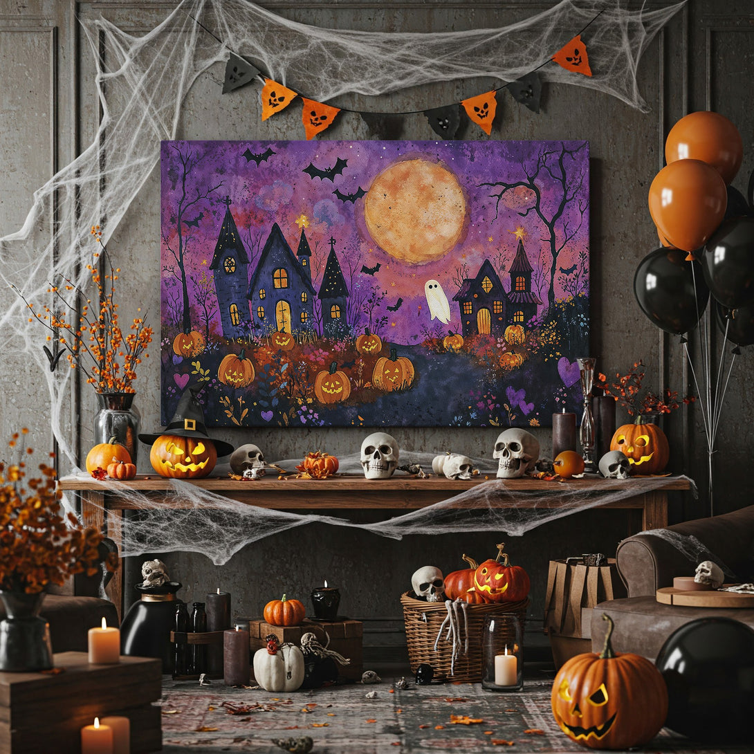 Framed Wall Art: Spooky Halloween scene Canvas Print with purple, orange, and black color palette. Perfect for fall decor, featuring pumpkins, bats, and a full moon.